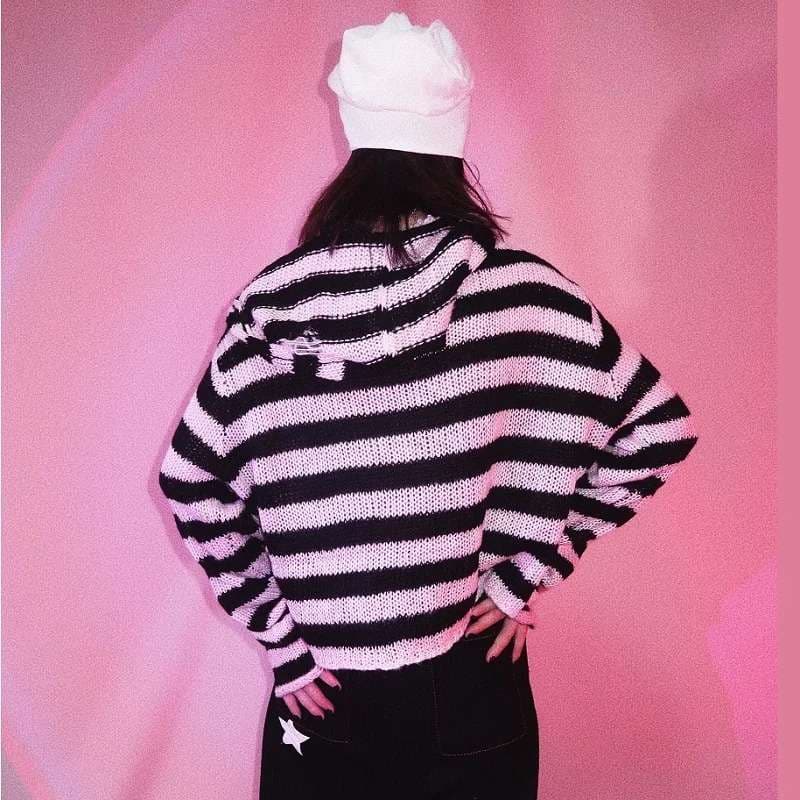 パンクファッション  ボーダーニットパーカー