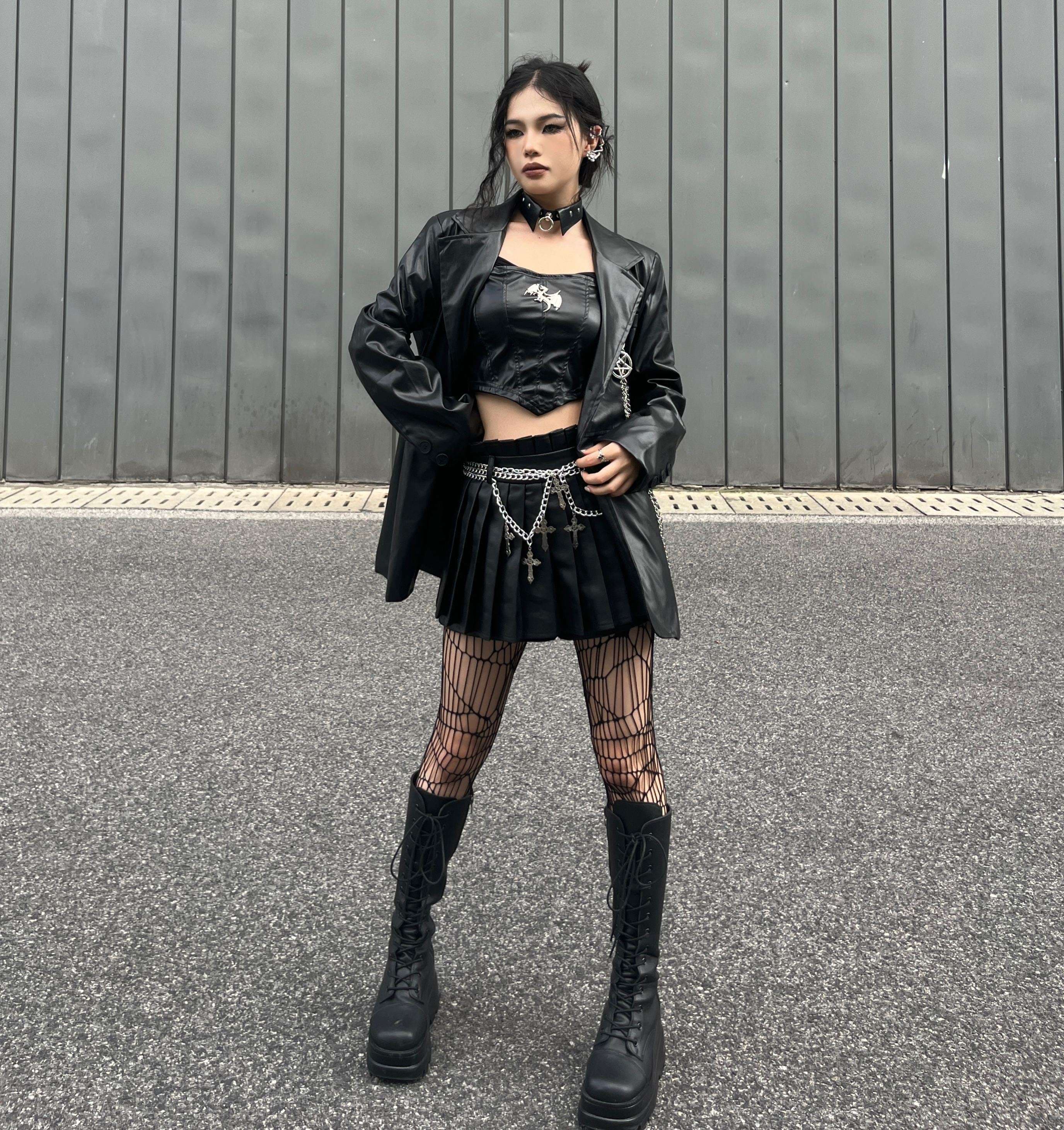 パンクファッション チェーン付きオーバーサイズレザージャケット