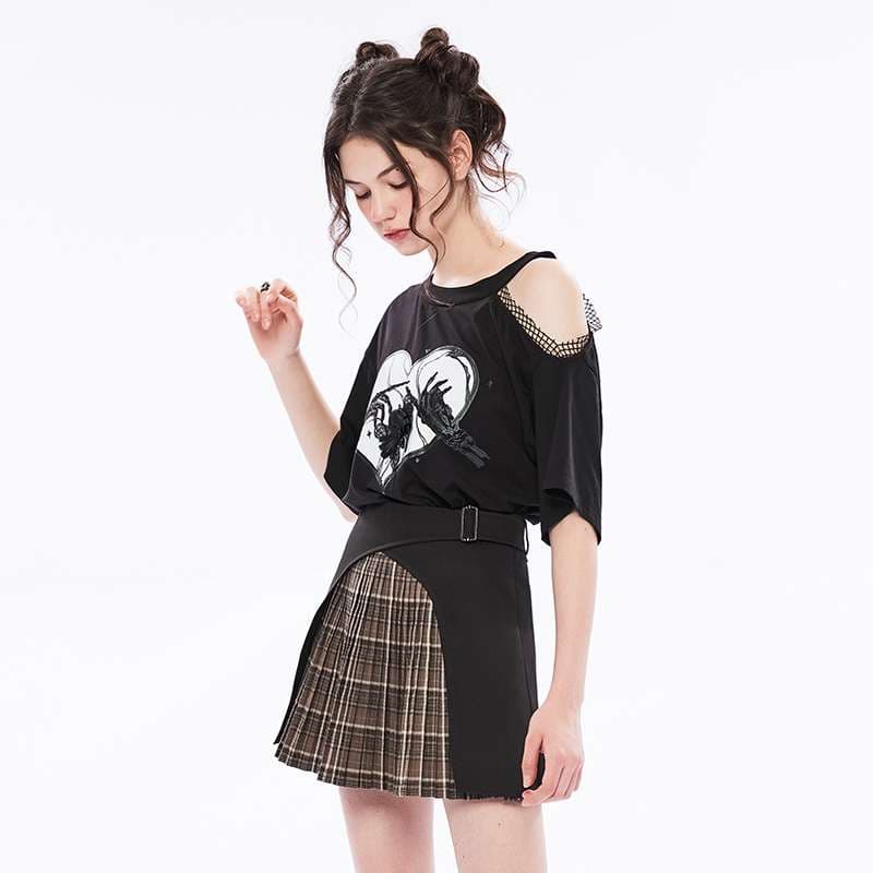 パンクファッション  ハート柄プリント切り抜きTシャツ