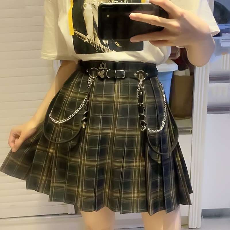 パンクファッション 反逆のチェックスカートベルトセット