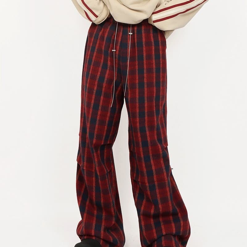 パンクファッション ワイドチェックロングストレートパンツ