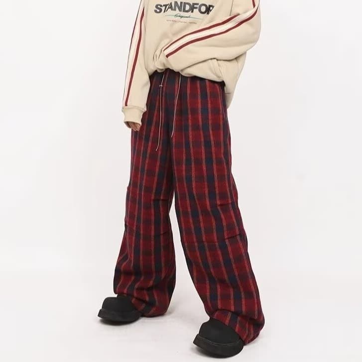 パンクファッション ワイドチェックロングストレートパンツ