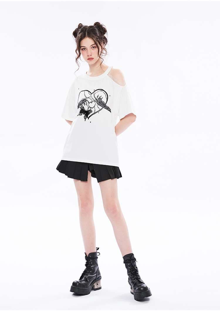 パンクファッション  ハート柄プリント切り抜きTシャツ