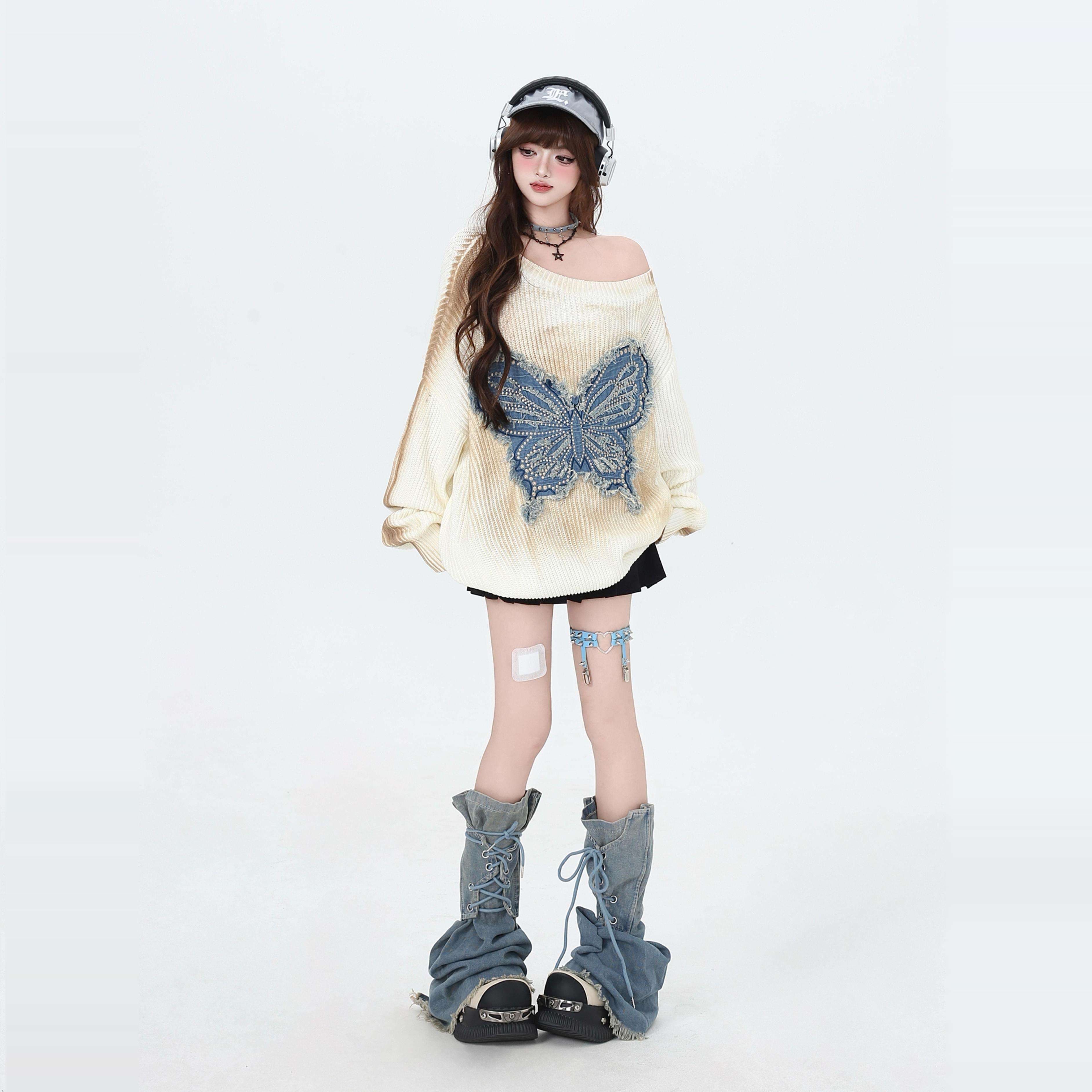 パンクファッション 蝶々刺繍入りオーバーサイズニット
