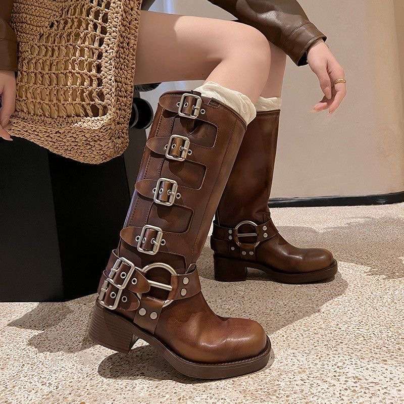 パンクファッション バックル付きロングブーツ