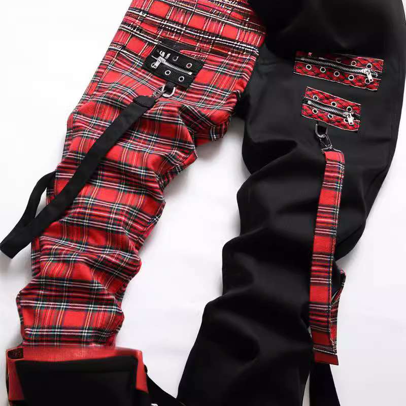 （非表示）パンクファッション  チェック柄ストラップ付きパンクパンツ