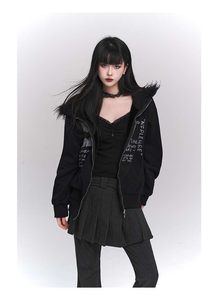 パンクファッション フェザーフード付きジッパーパーカー