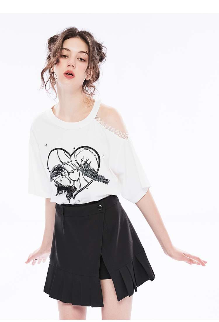 パンクファッション  ハート柄プリント切り抜きTシャツ