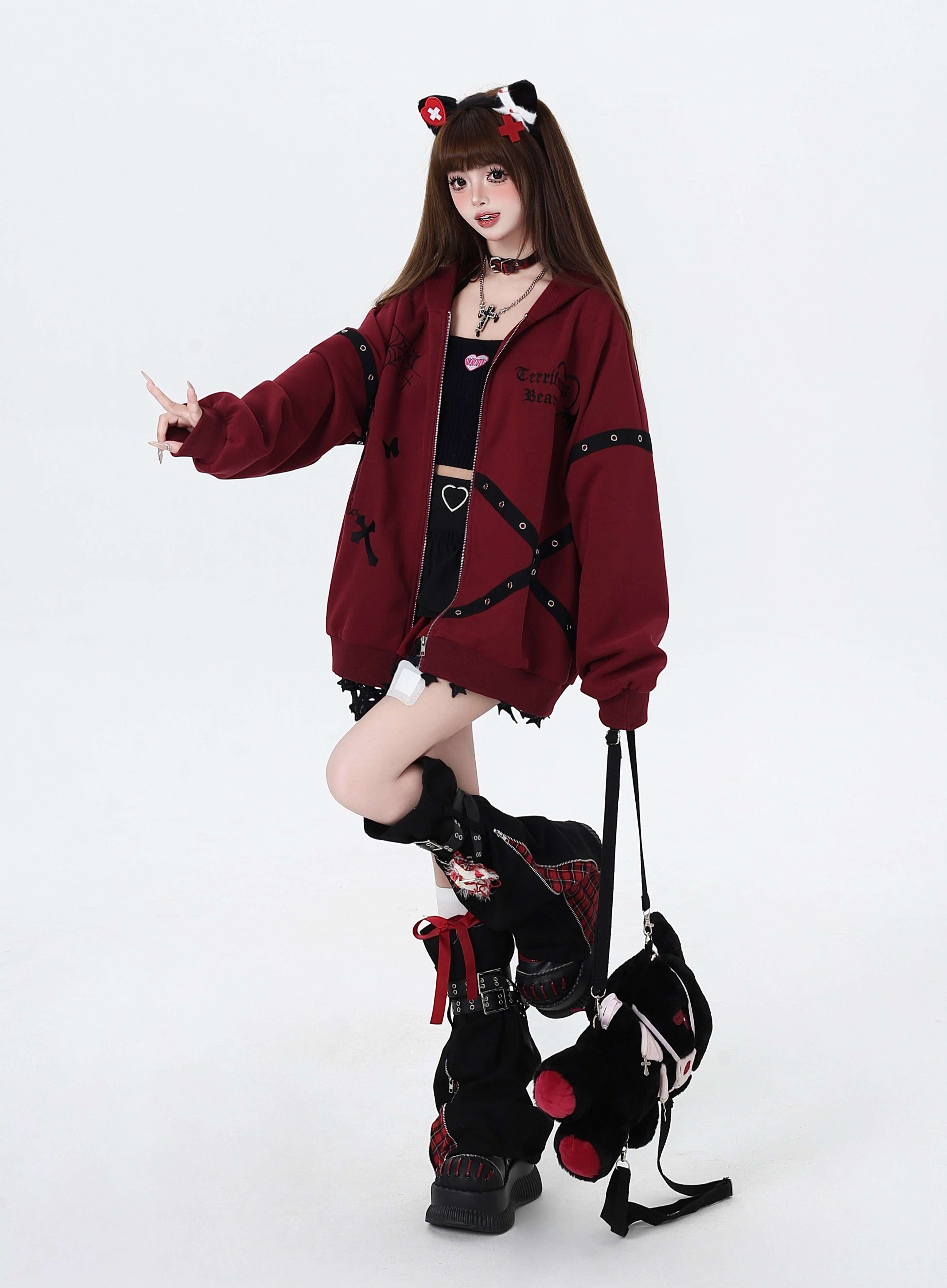 パンクファッション オーバーサイズジップパーカー