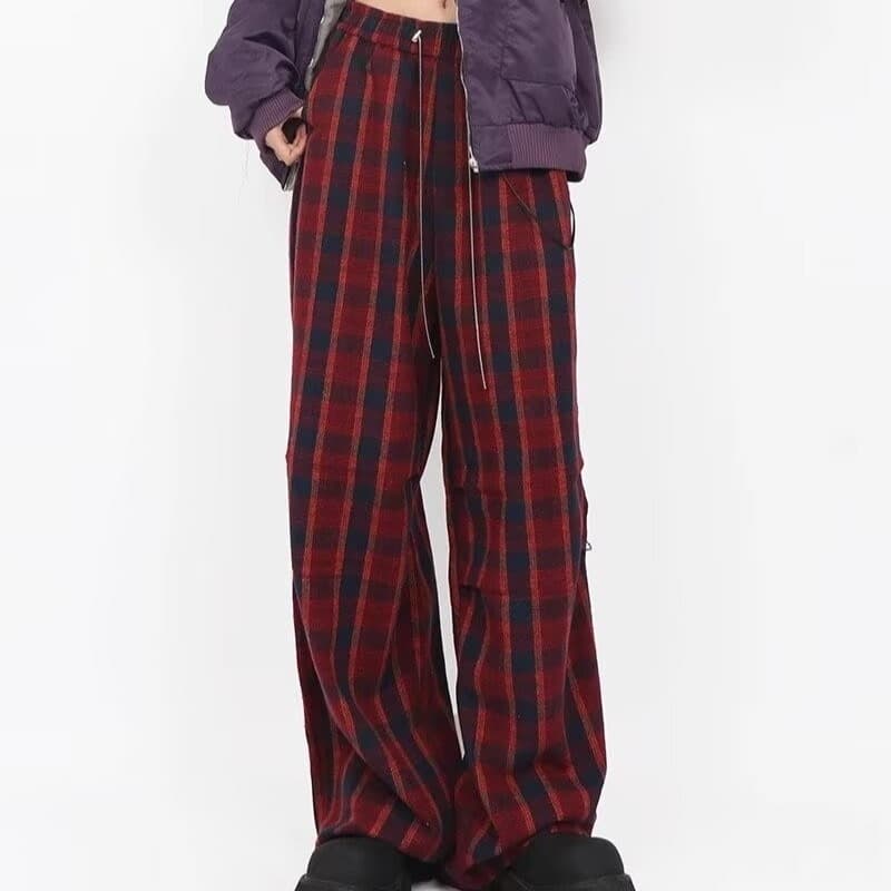 パンクファッション ワイドチェックロングストレートパンツ