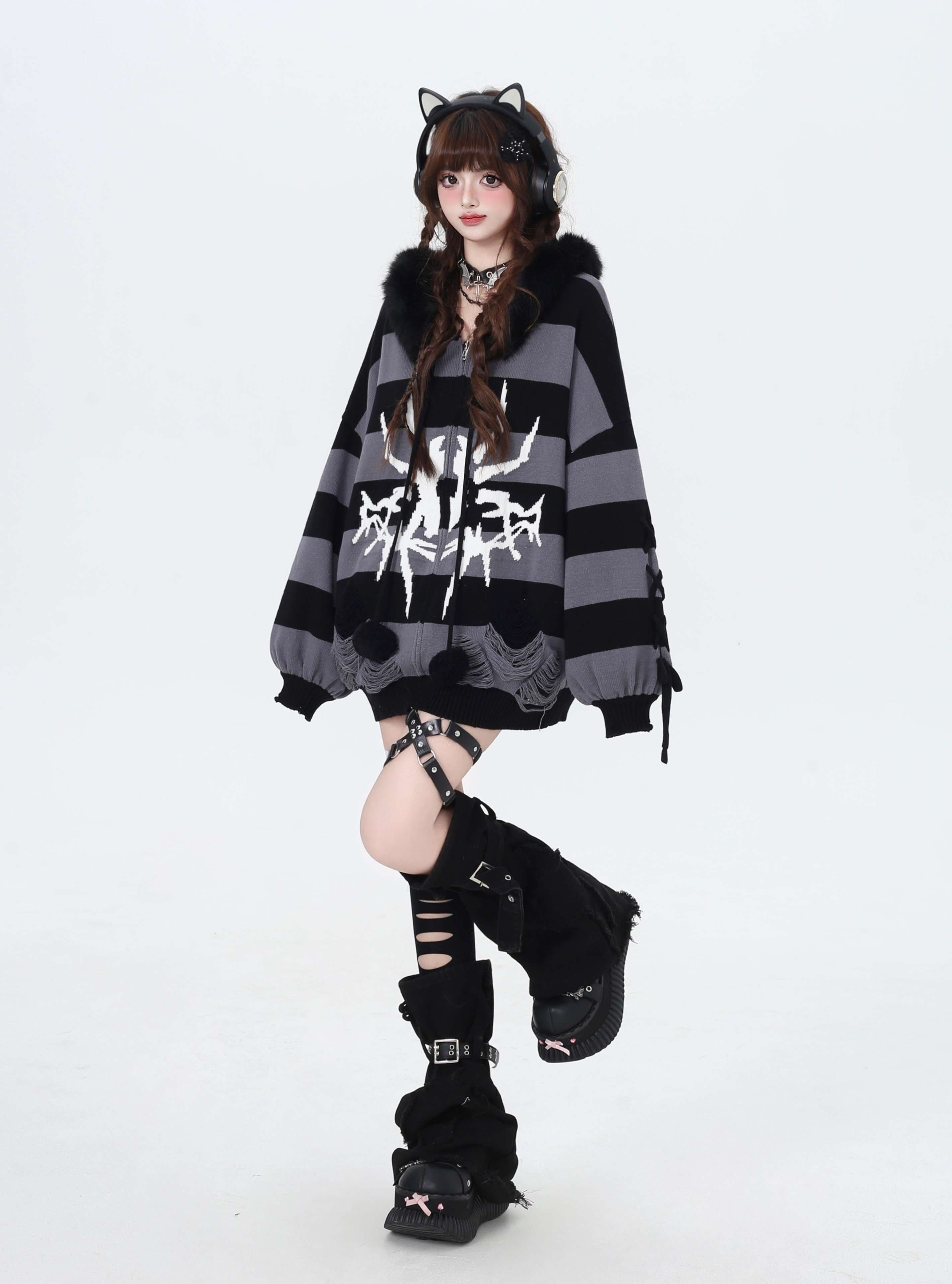 パンクファッション ゴシックパンク風スケルトンジップパーカー