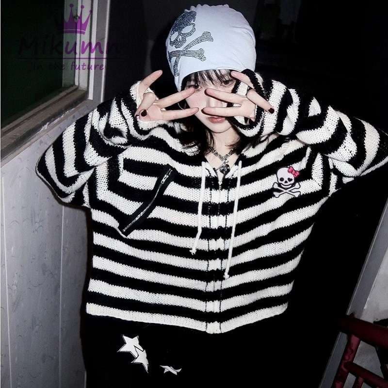 パンクファッション  ボーダーニットパーカー