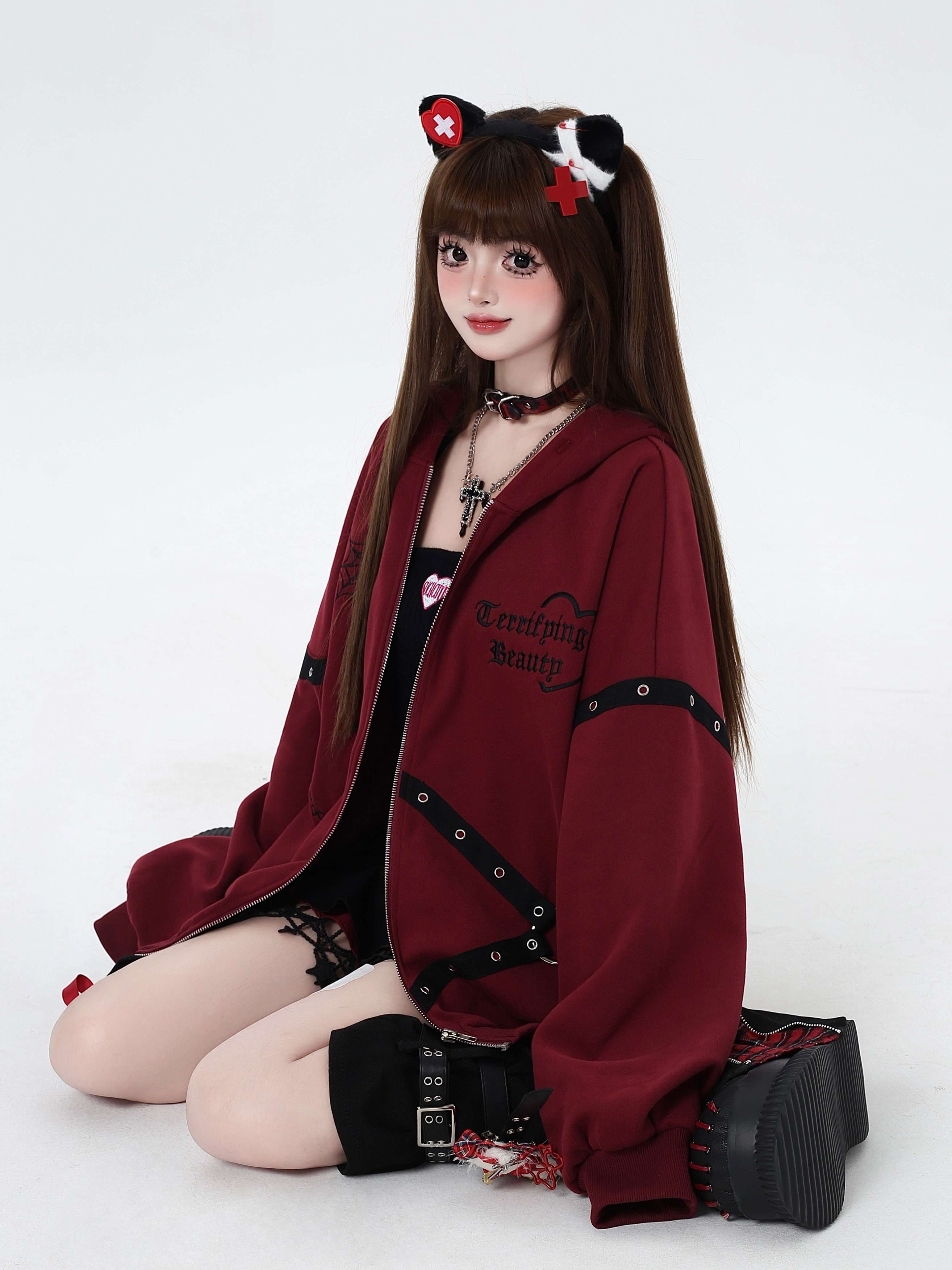 パンクファッション オーバーサイズジップパーカー