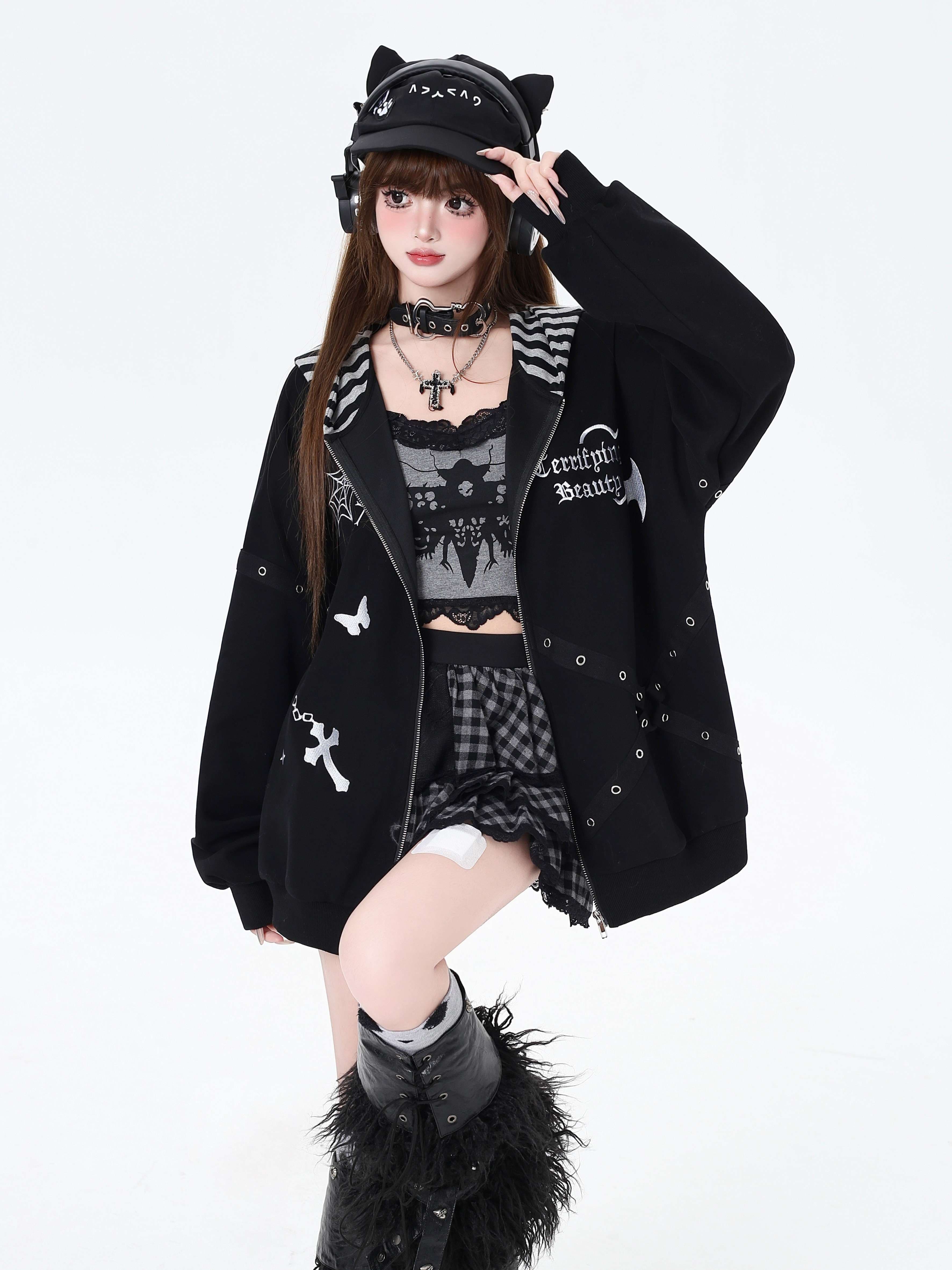 パンクファッション オーバーサイズジップパーカー