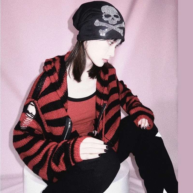 パンクファッション  ボーダーニットパーカー