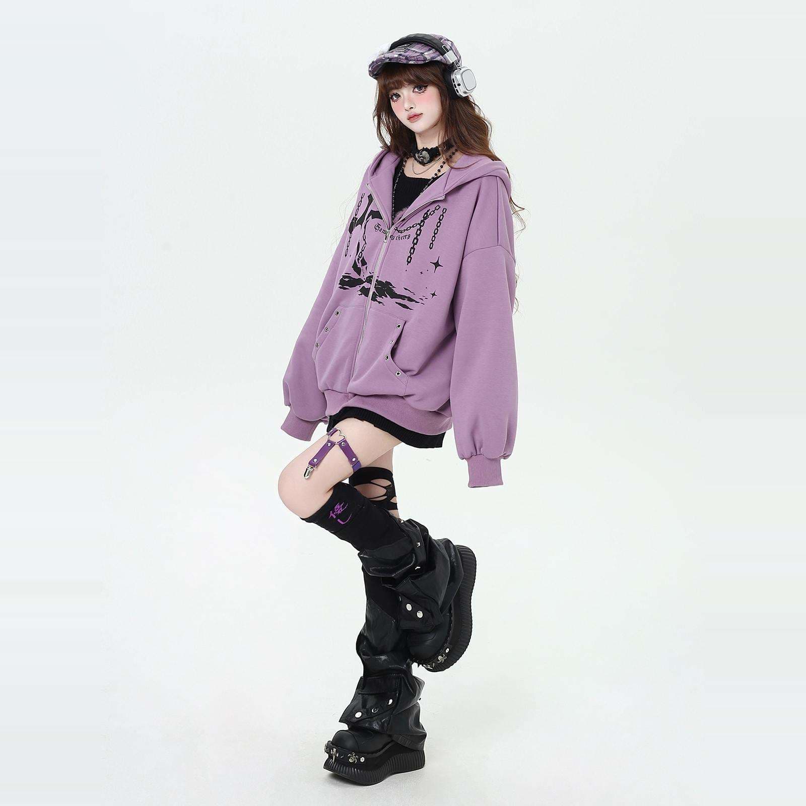 パンクファッション 十字架装飾 モード系ジップパーカー