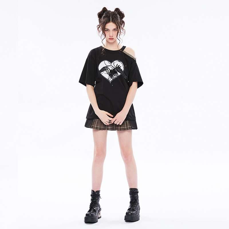 パンクファッション  ハート柄プリント切り抜きTシャツ