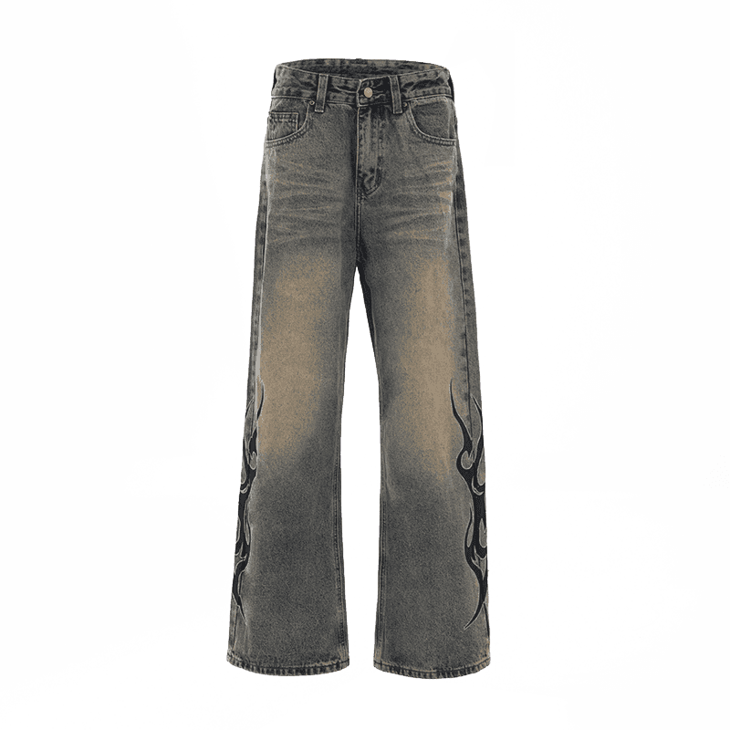 パンクファッション  炎模様ワイドデニムパンツ