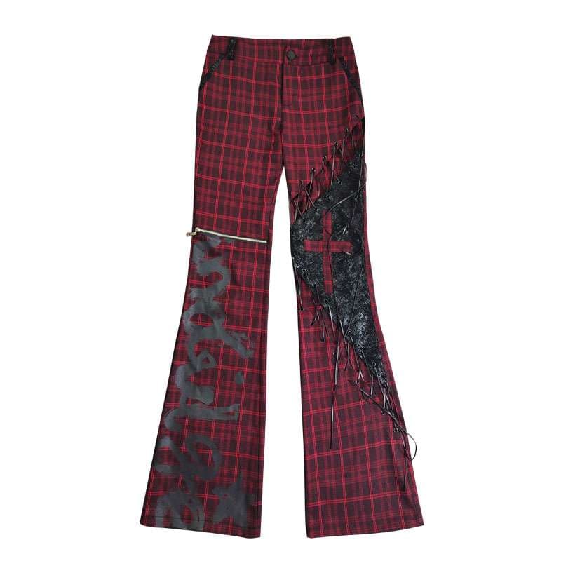 パンクファッション  異素材切替えレースアップフレアパンツ