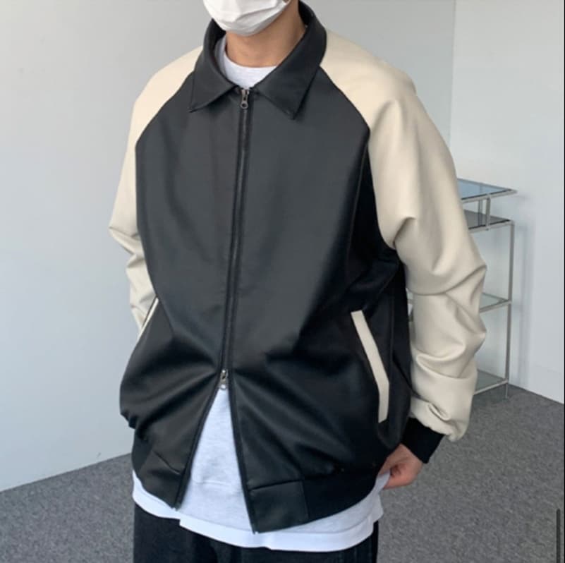 パンクファッション バイカラージャンパー襟シンプルブルゾン