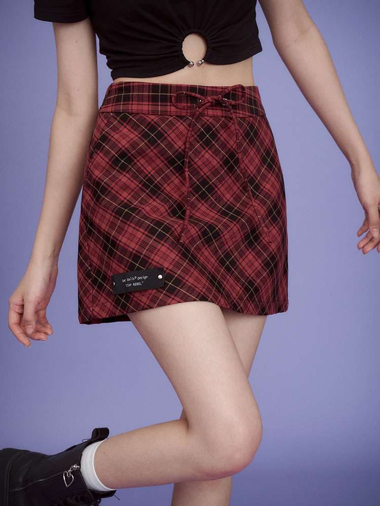 パンクファッション チェック柄リボン付きミニスカート