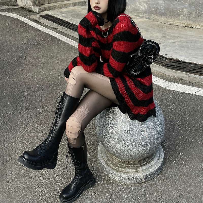 パンクファッション ストライプ柄オーバーサイズニットセーター