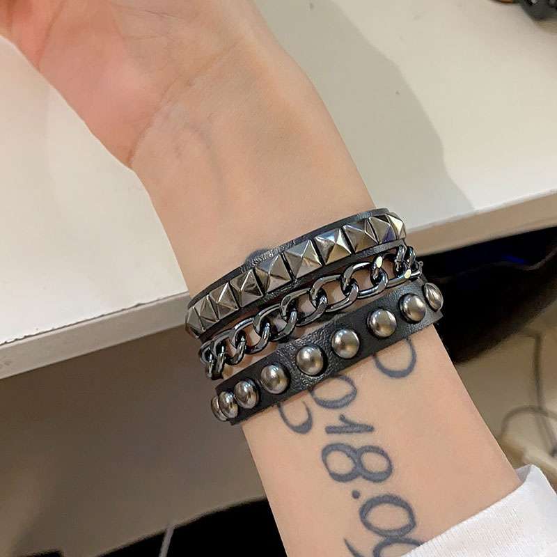 パンクファッション スタッズチェーンパンクレザーブレスレット