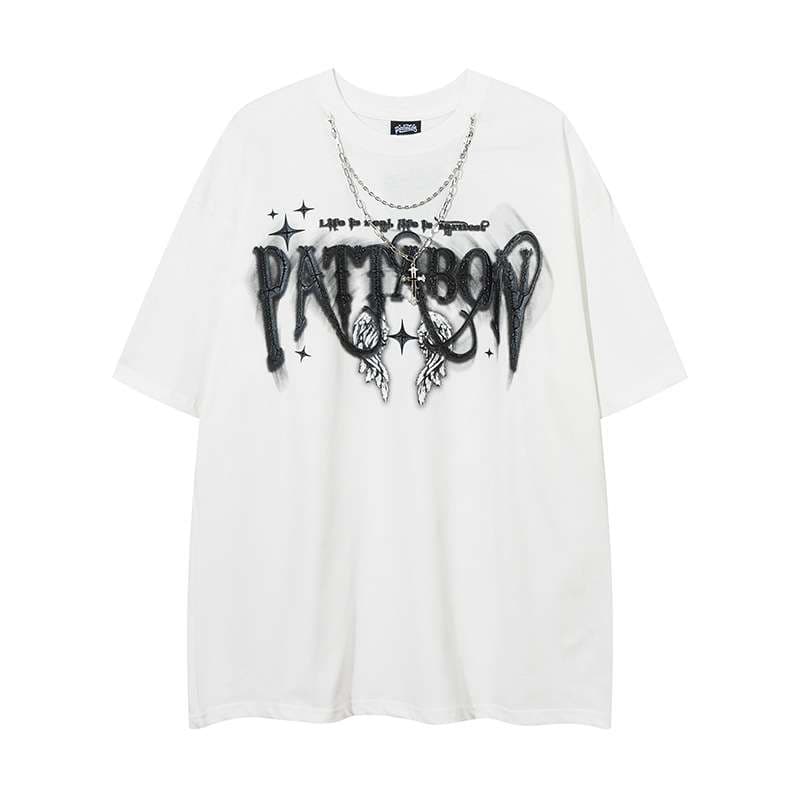 パンクファッション ウィングプリントオーバーサイズTシャツ