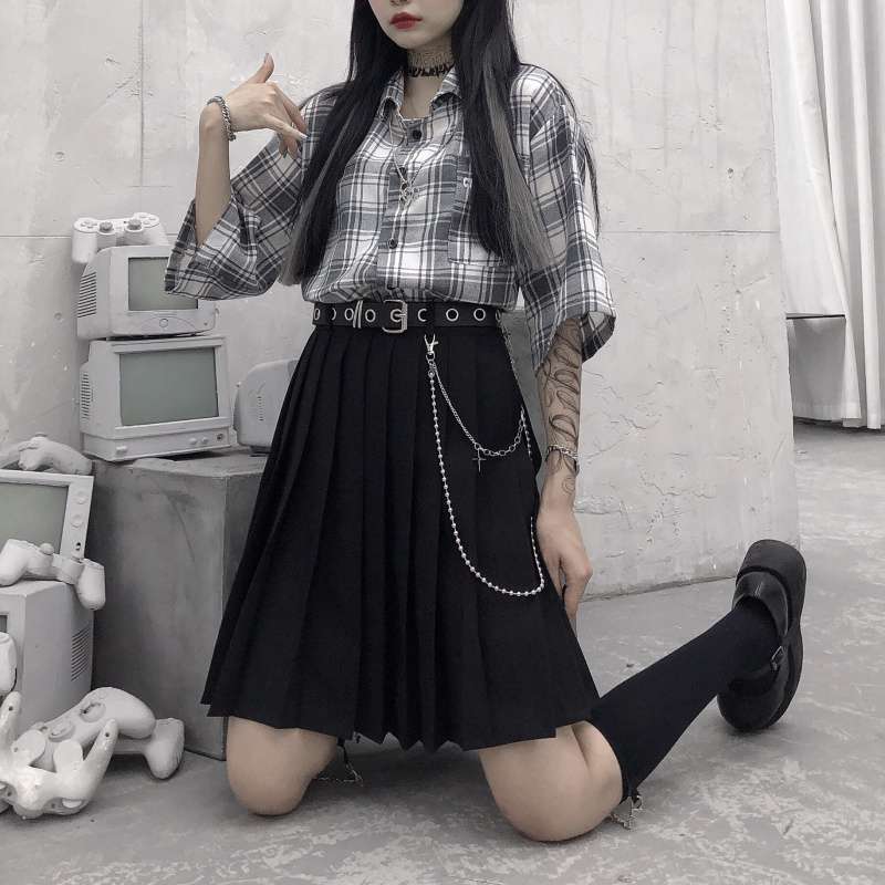 パンクファッション チェーン装飾付きプリーツスカート