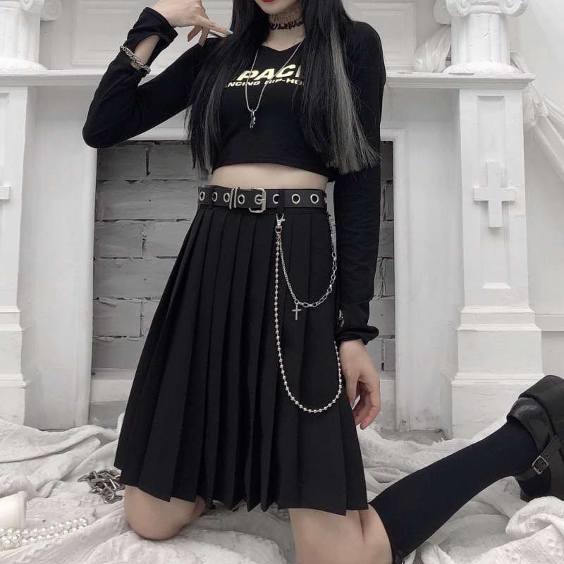 パンクファッション チェーン装飾付きプリーツスカート
