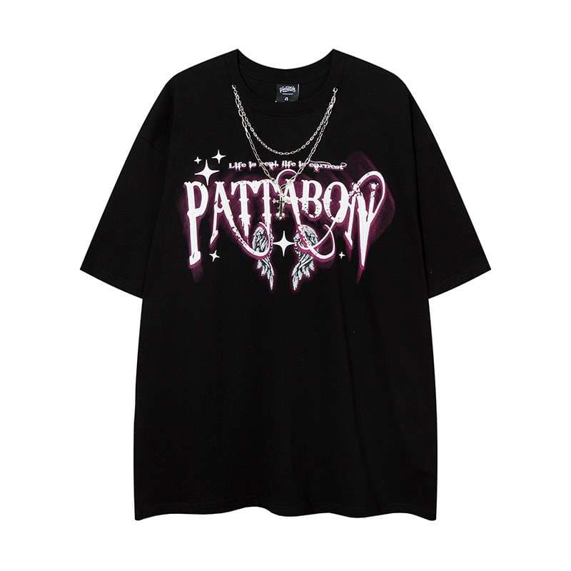 パンクファッション ウィングプリントオーバーサイズTシャツ