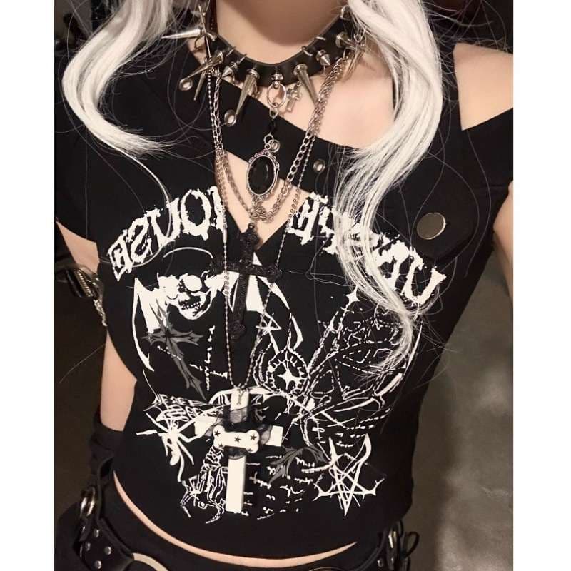 パンクファッション パンクロックプリント半袖Tシャツ