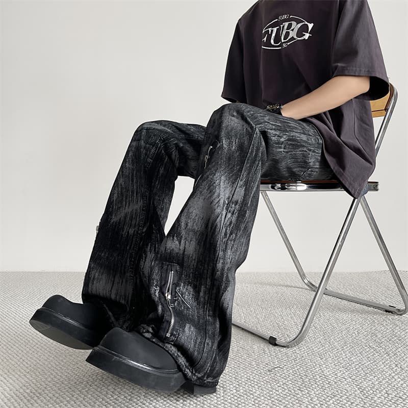 パンクファッション ジップデザイン クラッシュ加工 デニムパンツ