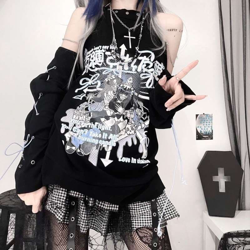 パンクファッション グラフィティプリント オフショルダートップス