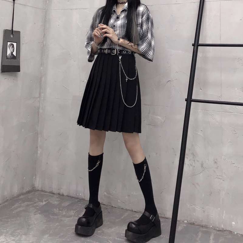 パンクファッション チェーン装飾付きプリーツスカート