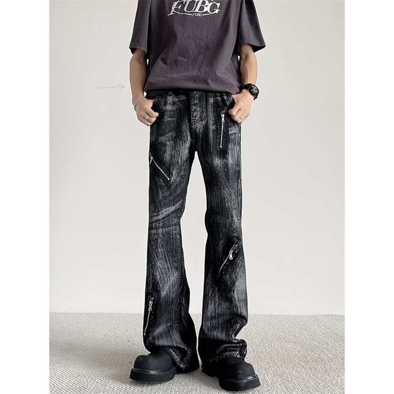 パンクファッション ジップデザイン クラッシュ加工 デニムパンツ