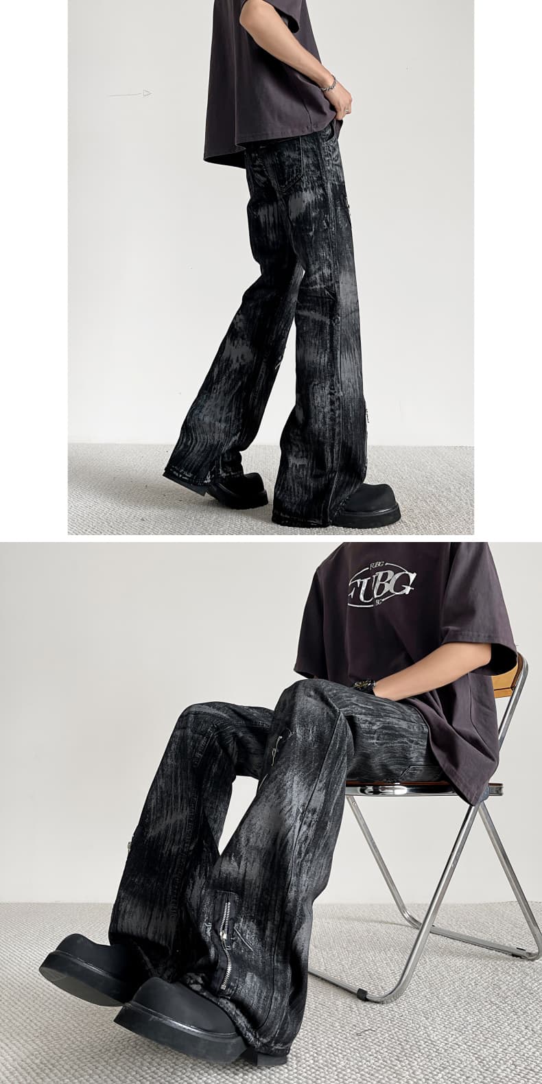 パンクファッション ジップデザイン クラッシュ加工 デニムパンツ