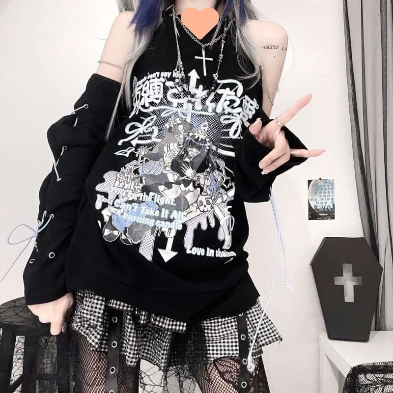 パンクファッション グラフィティプリント オフショルダートップス